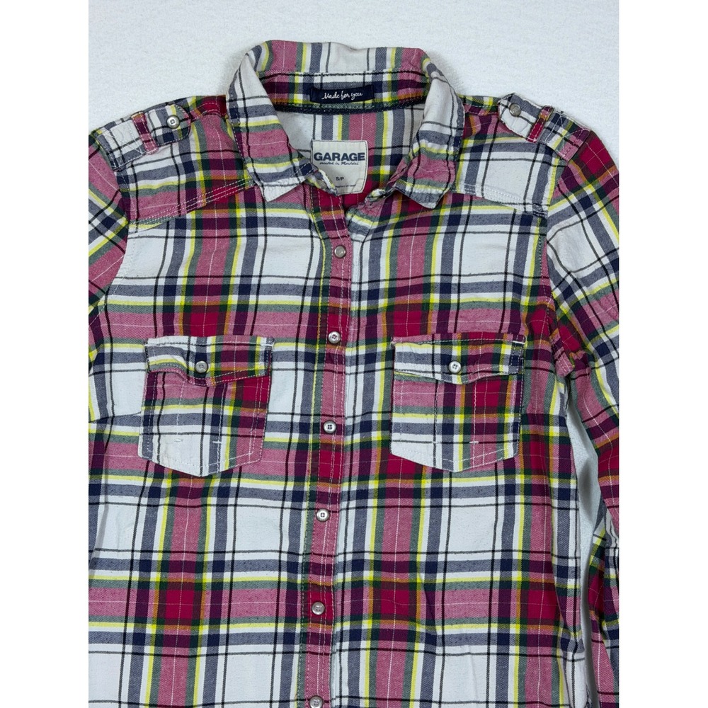 GARAGE Plaid Button Up Shirt Women's Small Red White Yellow Blue Long Sleeve